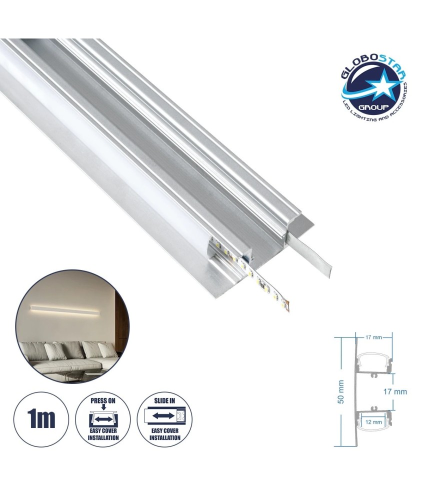 GLOBOSTAR® ALP-WALL-UPDOWN CONCEALED 70844-1M Επιφανειακό Προφίλ Αλουμινίου Ειδικό για Δημιουργία Κρυφού Φωτισμού Up & Down με Λευκό Γαλακτερό Πατητό Κάλυμμα για Ταινίες LED IP20 - Ασημί & Λευκό - Μ100 x Π5 x Υ1.7cm